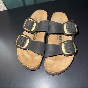 Birkenstock Arizona Big Gold Buckle Black Nubuck Narrow Size 37 US 6